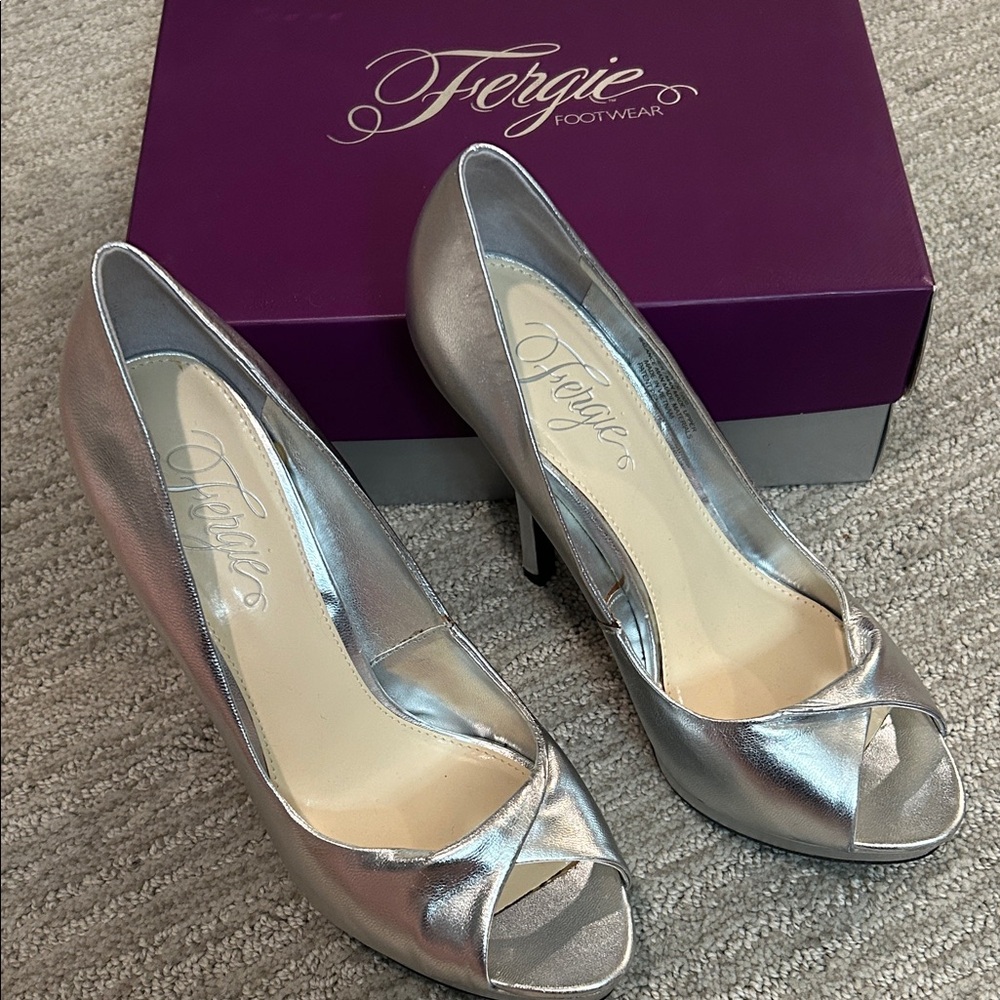 Fergie Metallic Silver Open Toe Heels